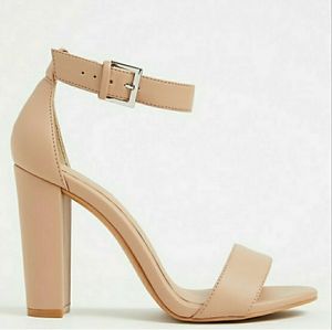 STACI - BEIGE FAUX LEATHER ANKLE STRAP TAPERED HEE